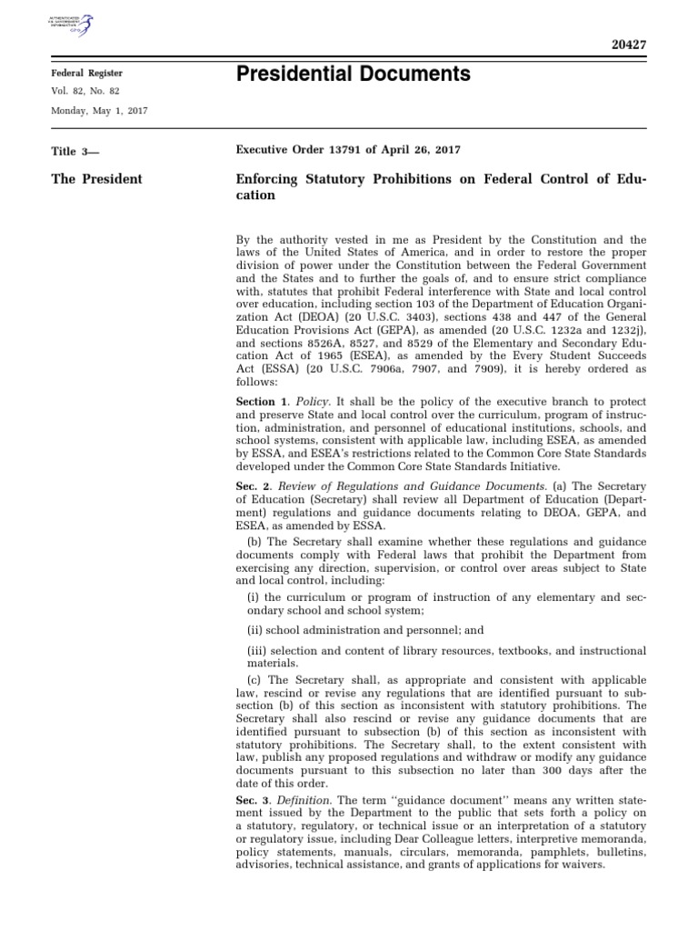 Executive Order 13791 of April 26, 2017 Enforcing Statutory