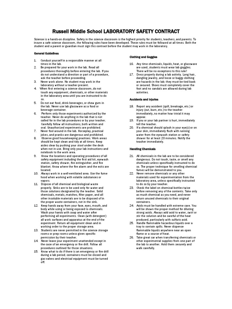 Laboratory Safety Contract Hs Laboratories Safety