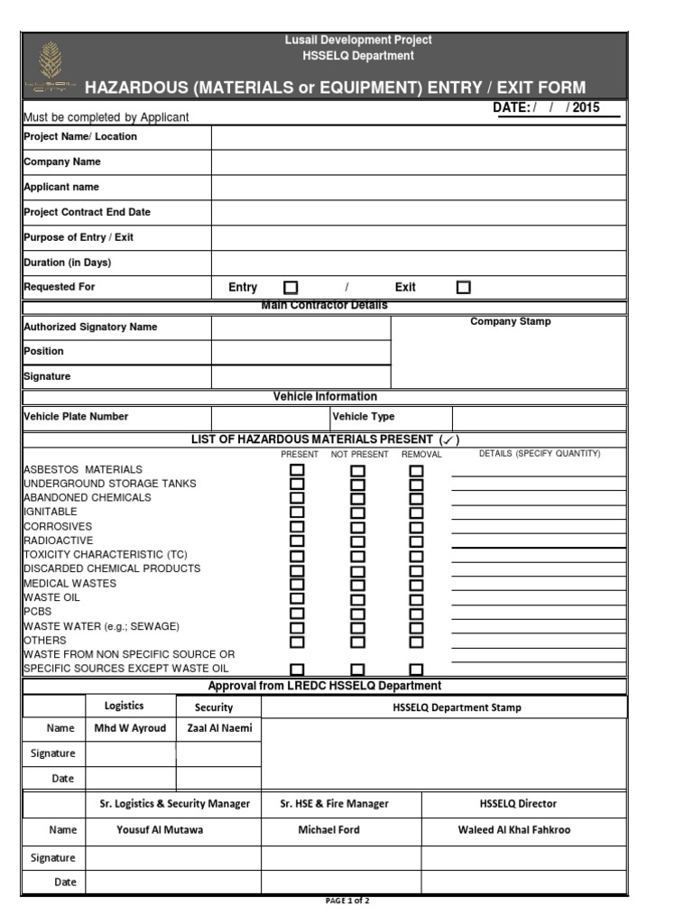 Hazardous Materials Entry/Exit Form | PDF | Dangerous Goods | Polyvinyl ...
