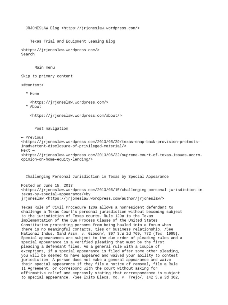 Challenging Personal Jurisdiction in Texas by Special Appearance PDF