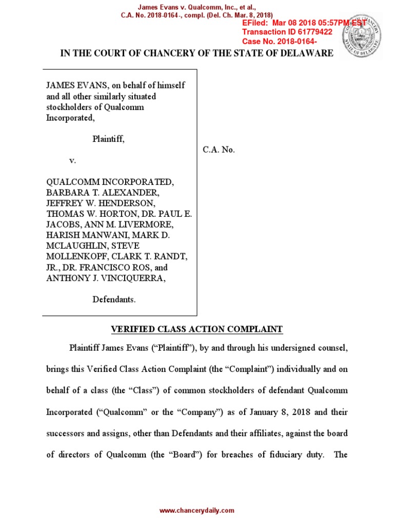 18-03-08 Delaware Evans Complaint | PDF | Nokia | Board Of Directors