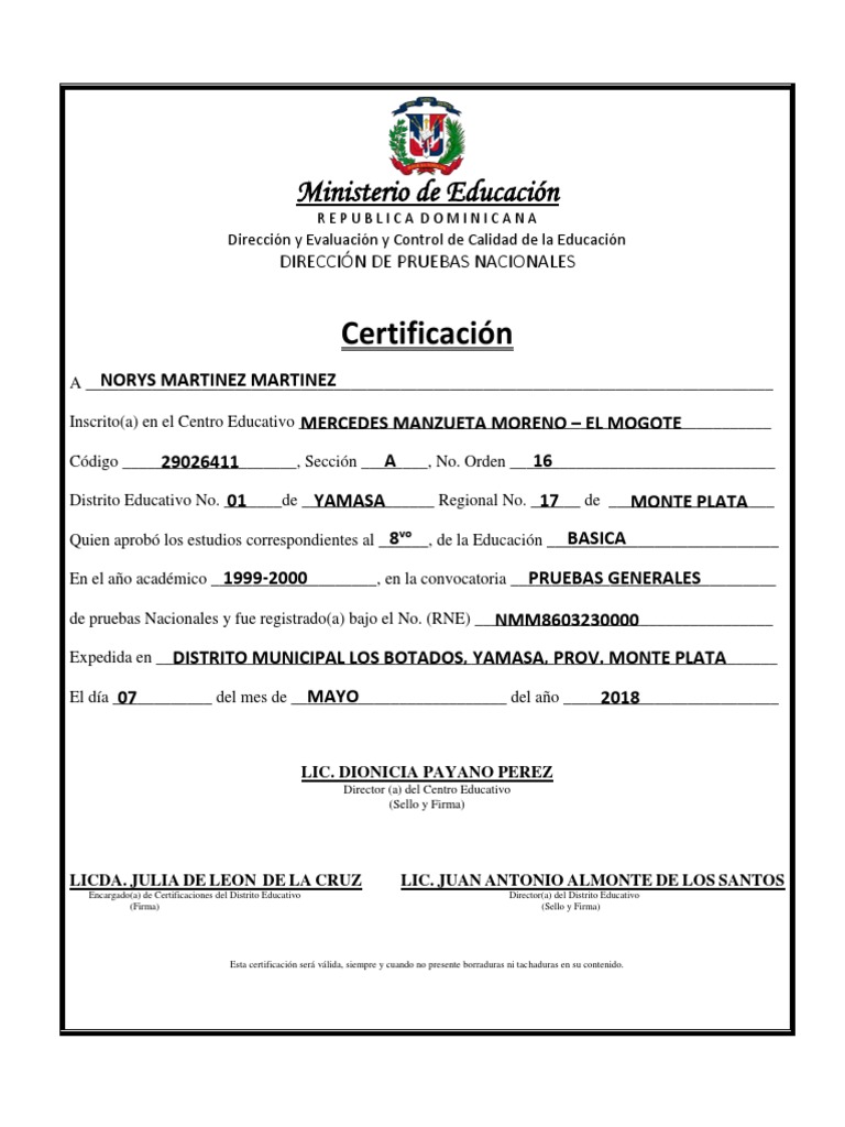 Certificado de Octavo Norys Martinez Martinez PDF Educación