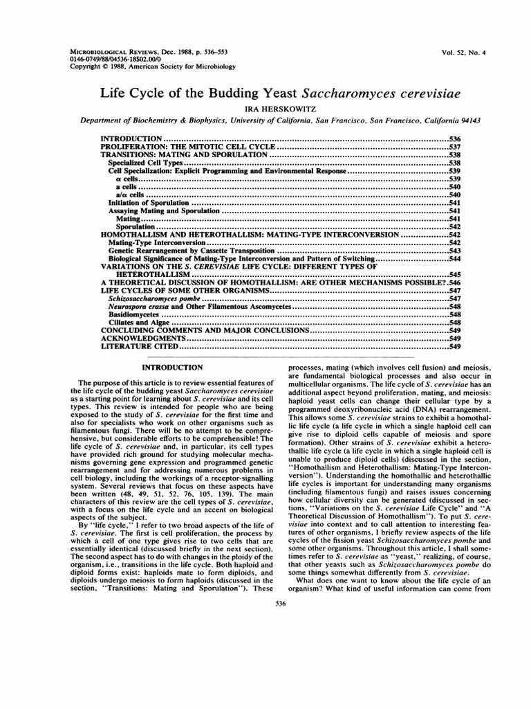 Life Cycle of The Budding Yeast Saccharomyces Cerevisiae - Herskowitz ...