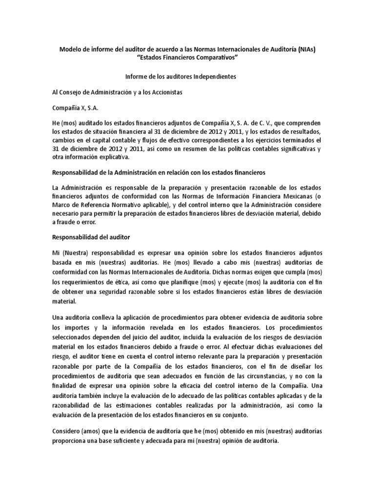 Modelo de Informe de Auditoría NIAs | PDF | Auditoría | Contralor