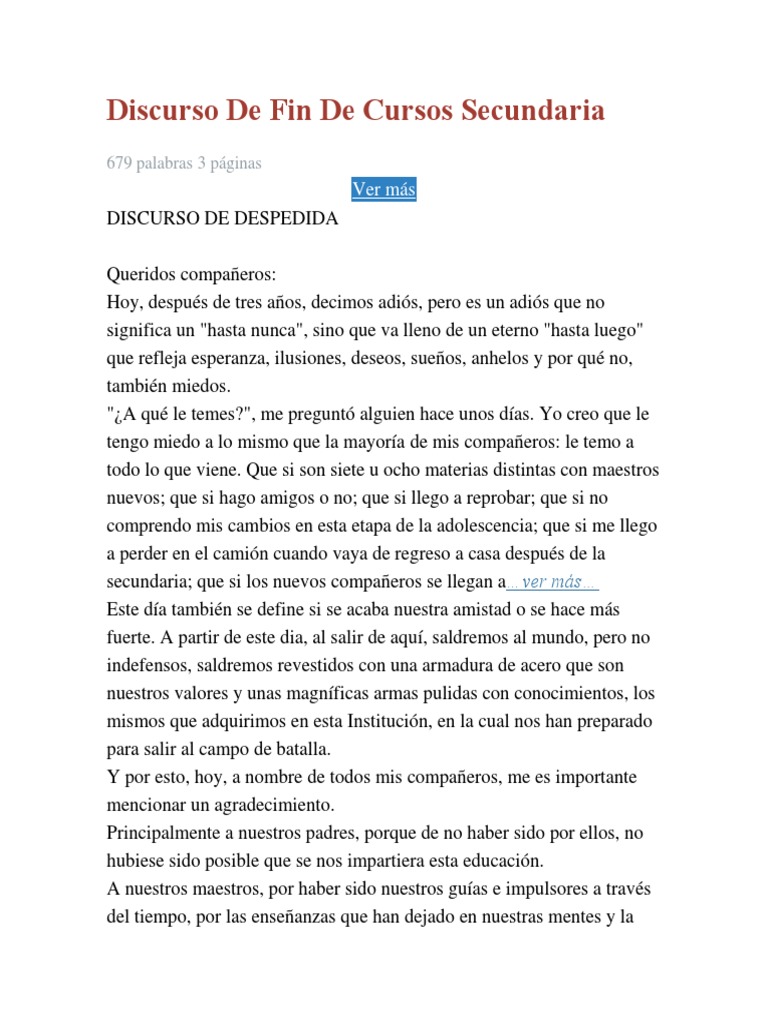 Discurso De Despedida De La Graduación De La Escuela Secundaria