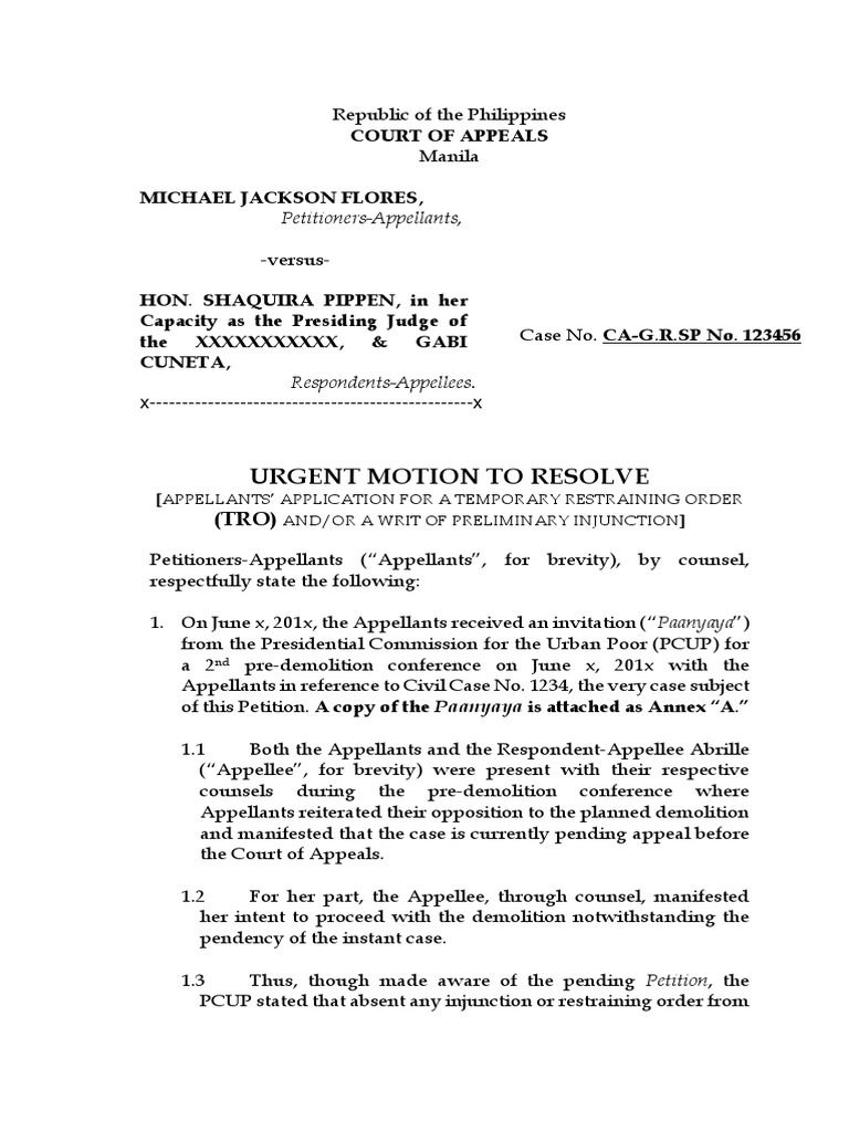 Sample Urgent Motion To Resolve TRO | PDF | Injunction | Writ