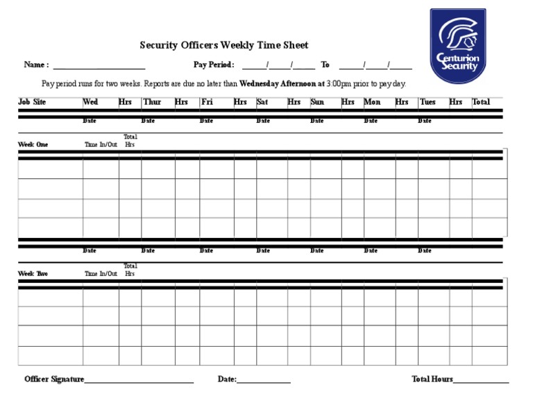 Security officers weekly time sheet with two weekly sections, daily hours, pay period, and signature
