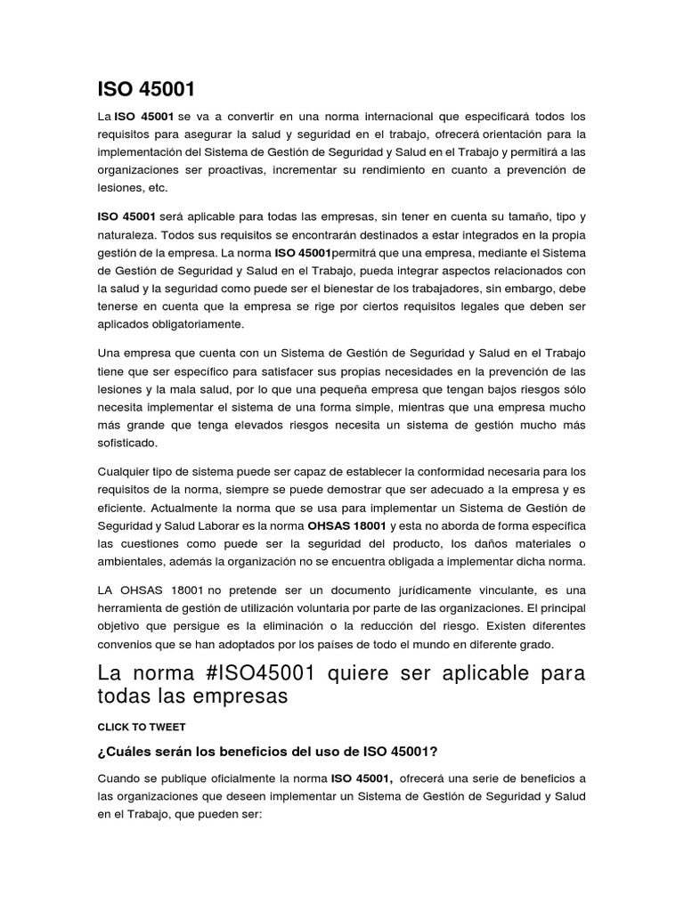 Beneficios de la norma ISO 45001 | PDF | Seguridad y salud ocupacional ...