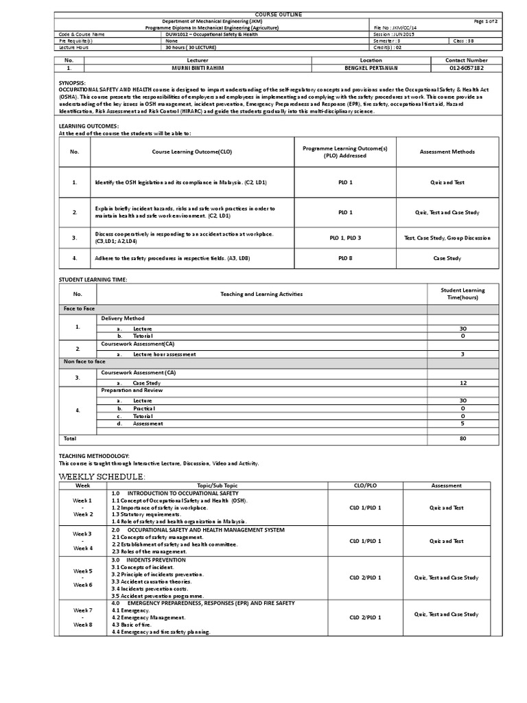 COURSE OUTLINE.doc Occupational Safety And Health Safety Free 30