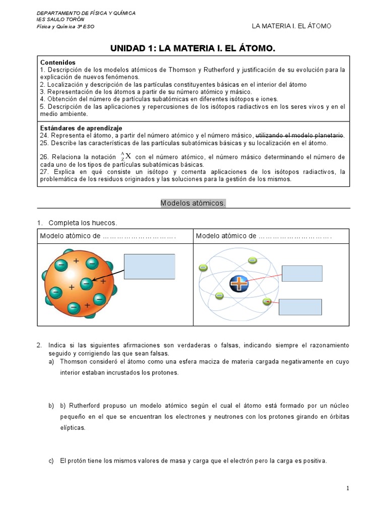 Hoja De Trabajo Sobre Materia Y átomos