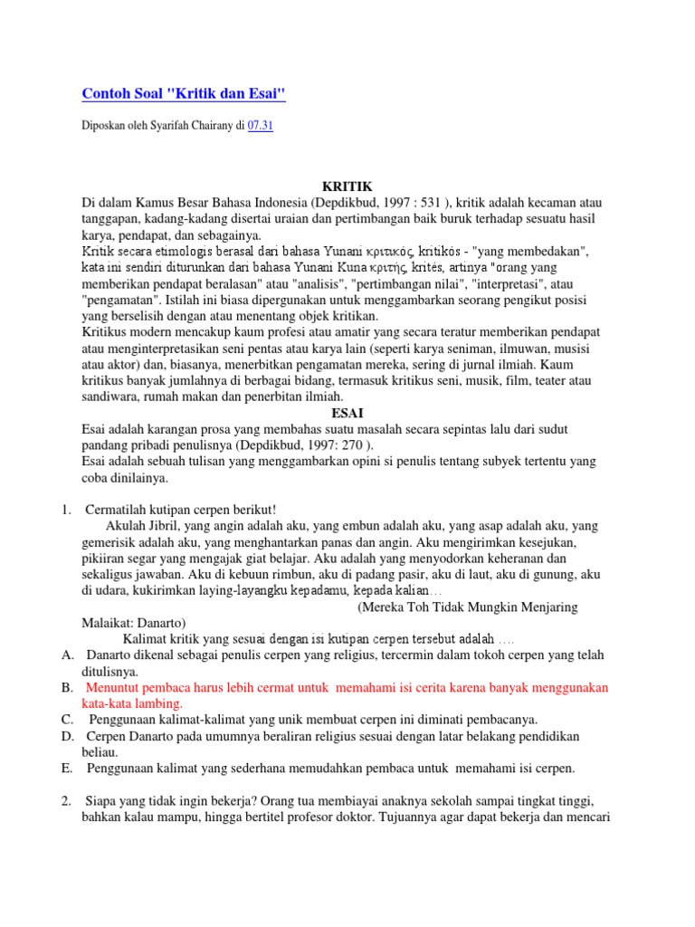 Contoh Soal Kritik Dan Esai Soal Baru