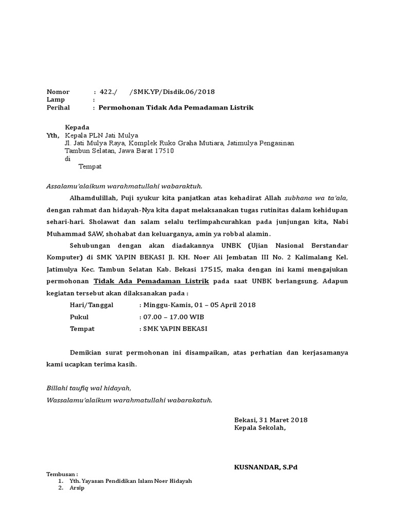 Surat Permohonan Tidak Ada Pemadaman Listrik