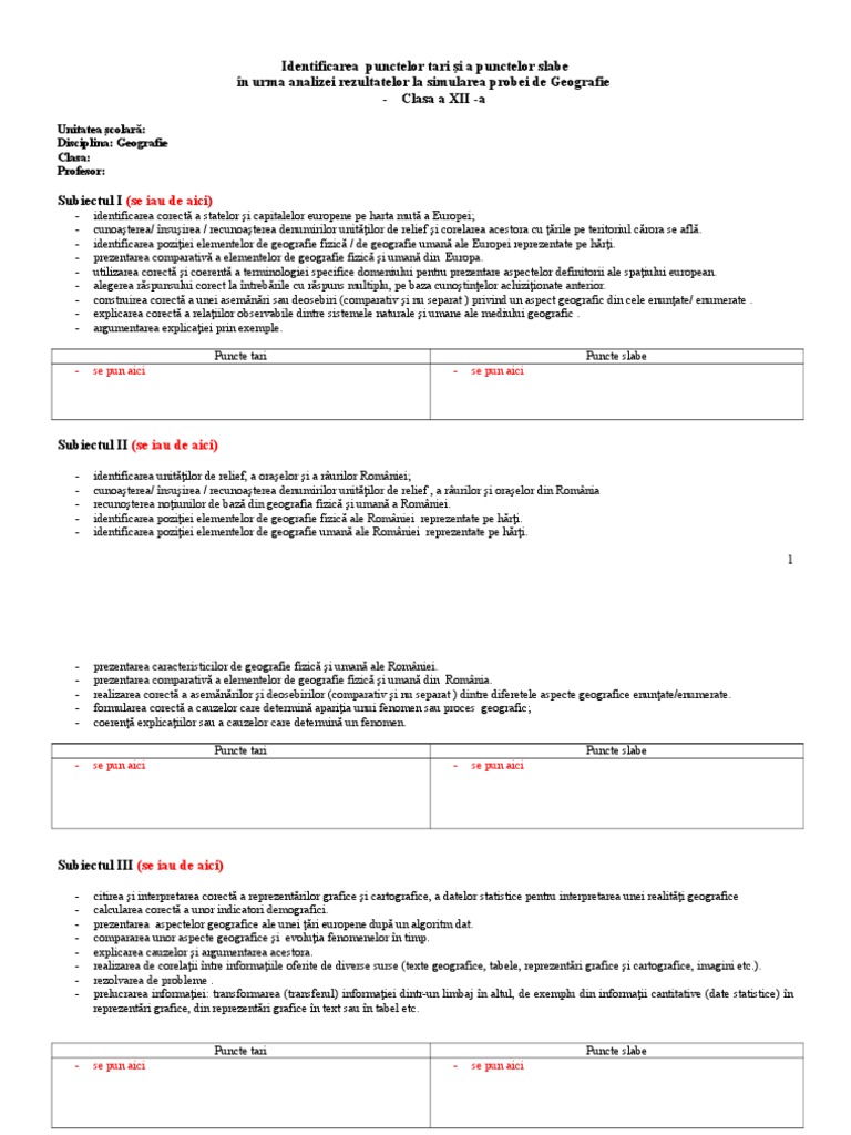 Identificarea Punctelor Tari Și A Punctelor Slabe GEOGRAFIE | PDF