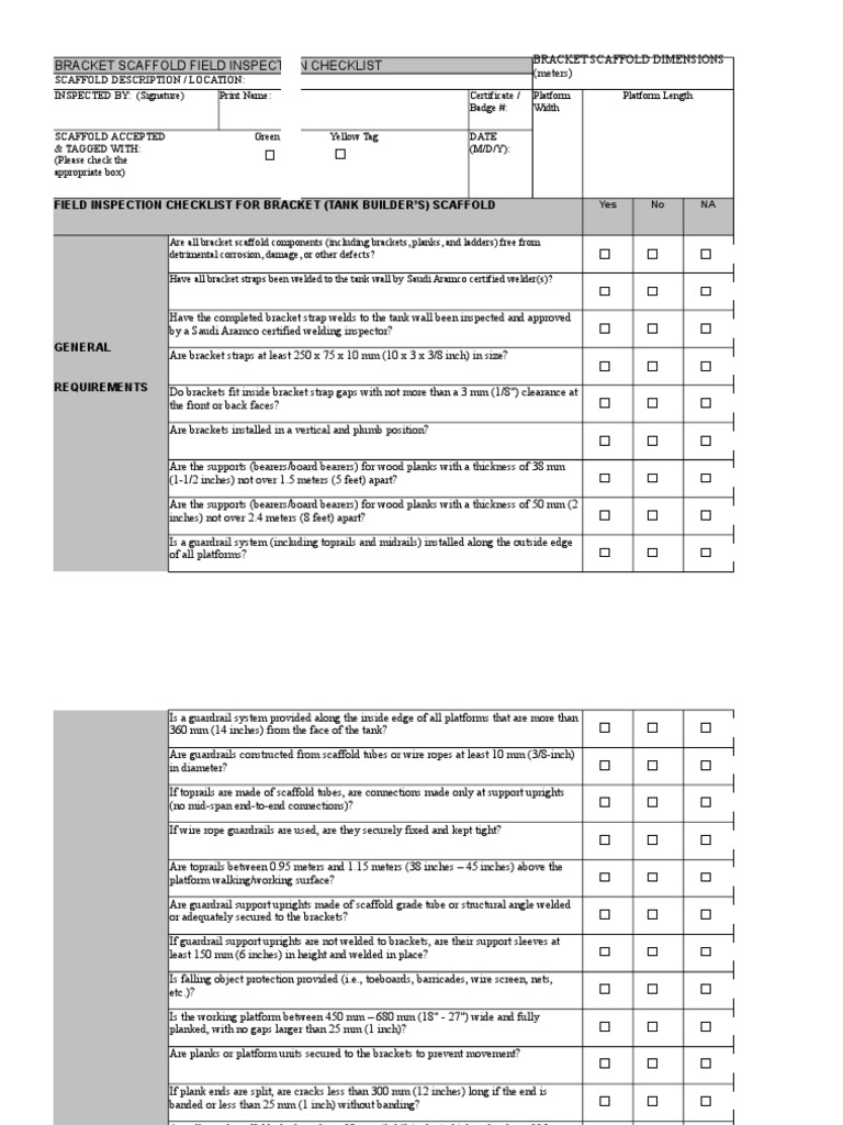 Bracket Scaffold Field Inspection Checklist Scaffolding