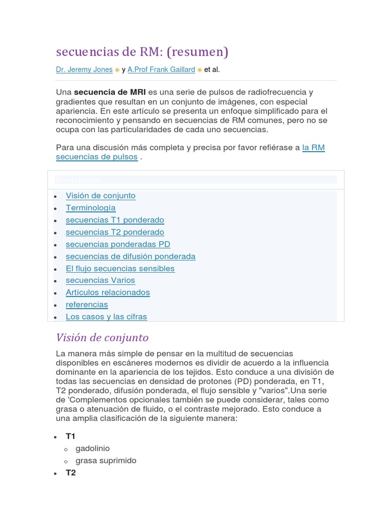 Secuencias de Resonancia Magnética: Guía | PDF | Imagen de resonancia ...