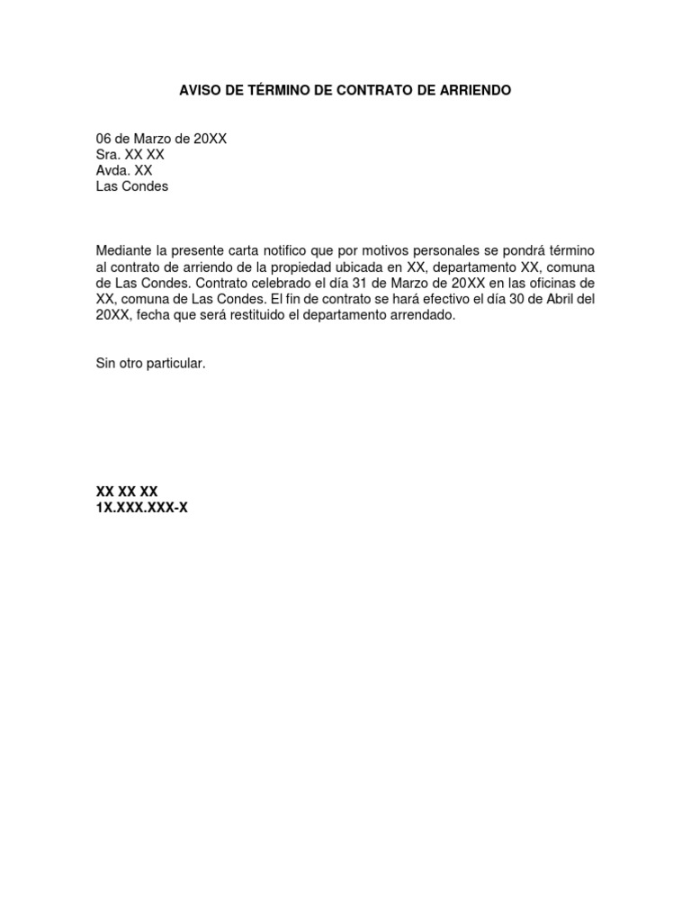Carta De Aviso De Termino De Contrato De Arriendo