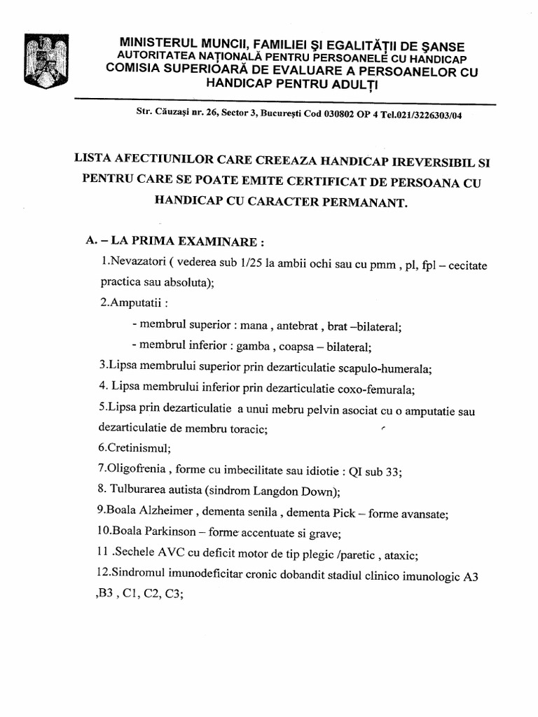 Lista Afectiunilor Care Creeaza Handicap Ireversibil