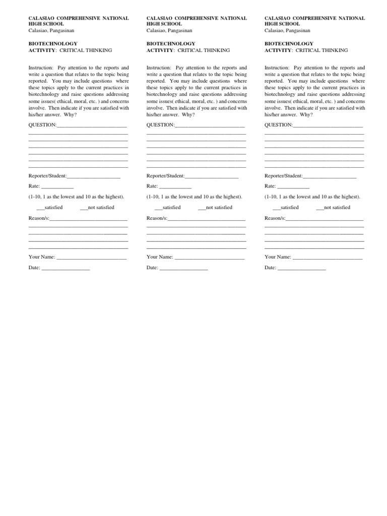 Critical Thinking Activity For Reports | PDF | Question | Critical Thinking