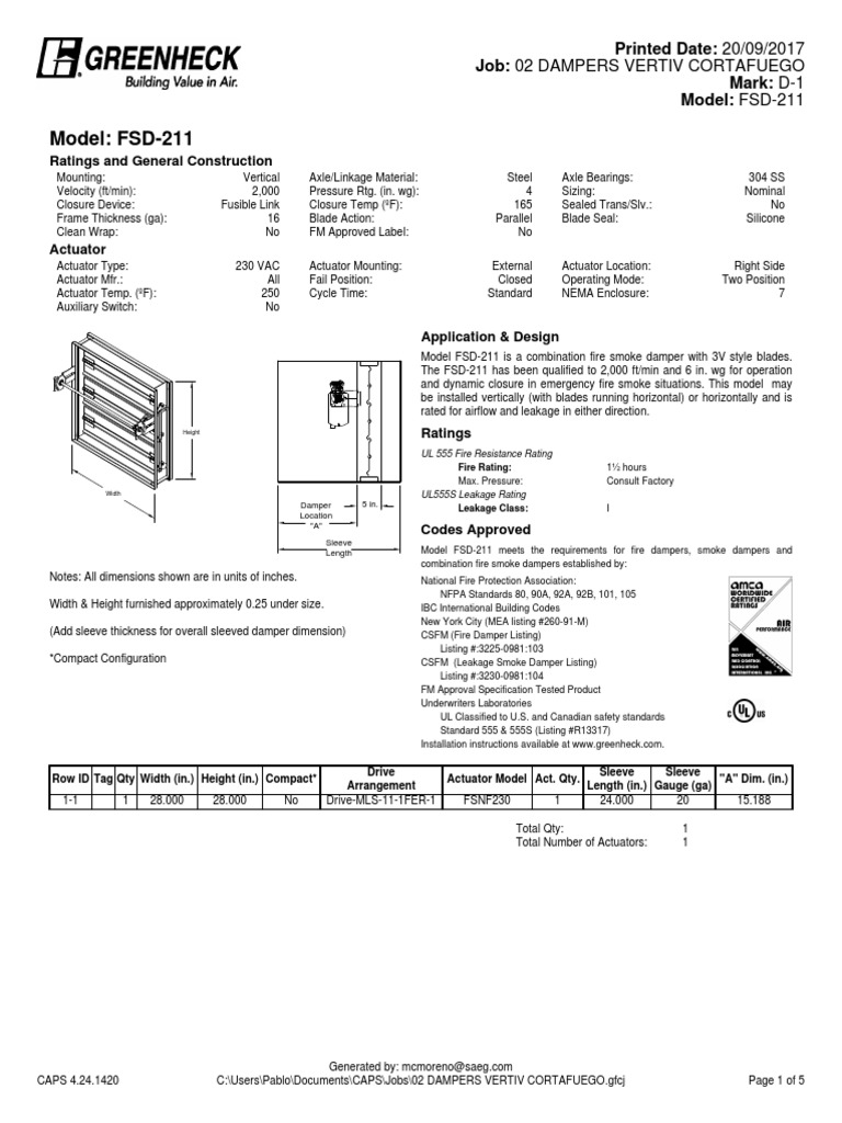 02 Dampers Vertiv Cortafuego Submittal PDF Fuse (Electrical) Switch
