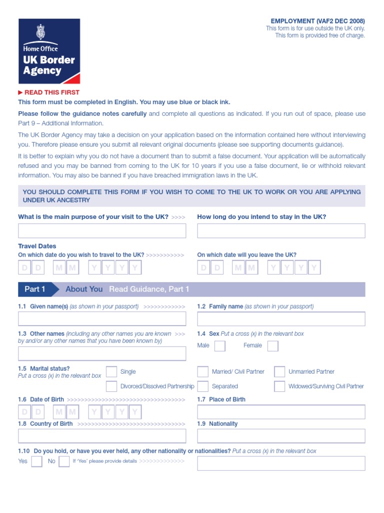 Uk Visa Application Form Vaf2 | Travel Visa | Passport | Free 30-day