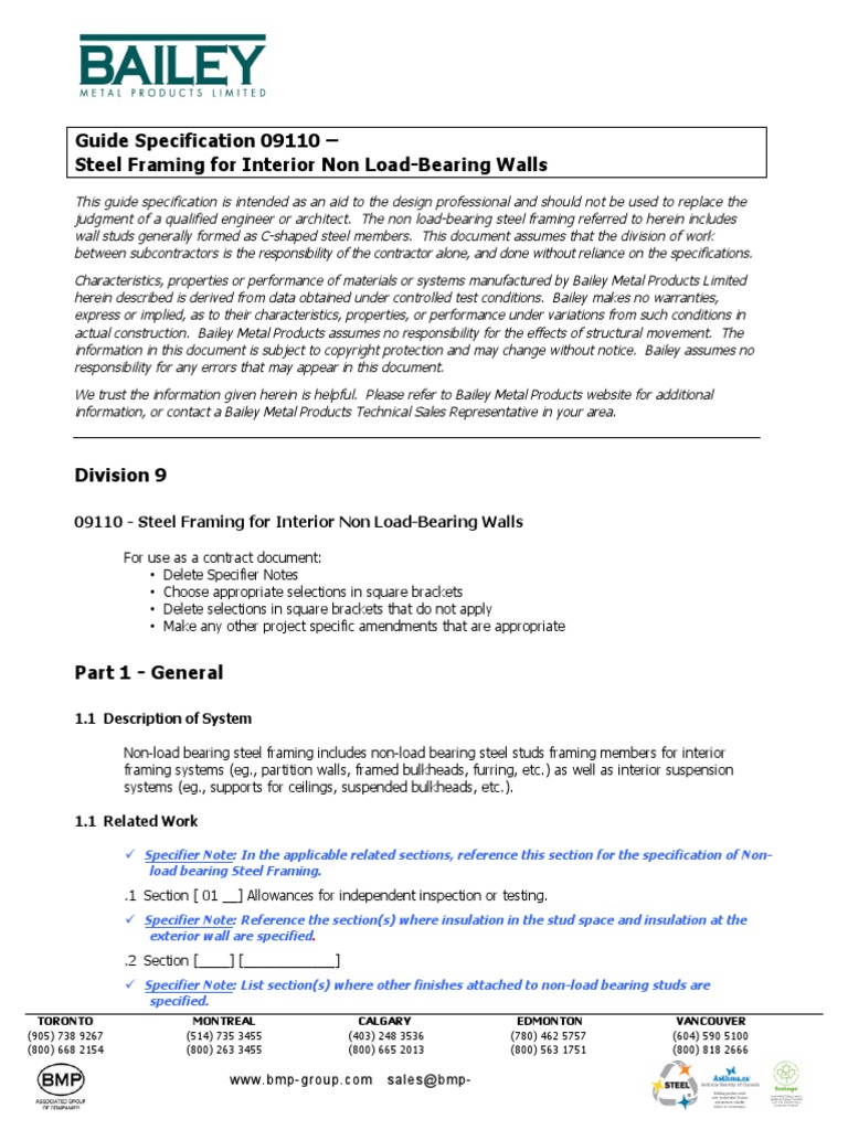 Guide Specification Non Load Bearing Interior Steel Framing