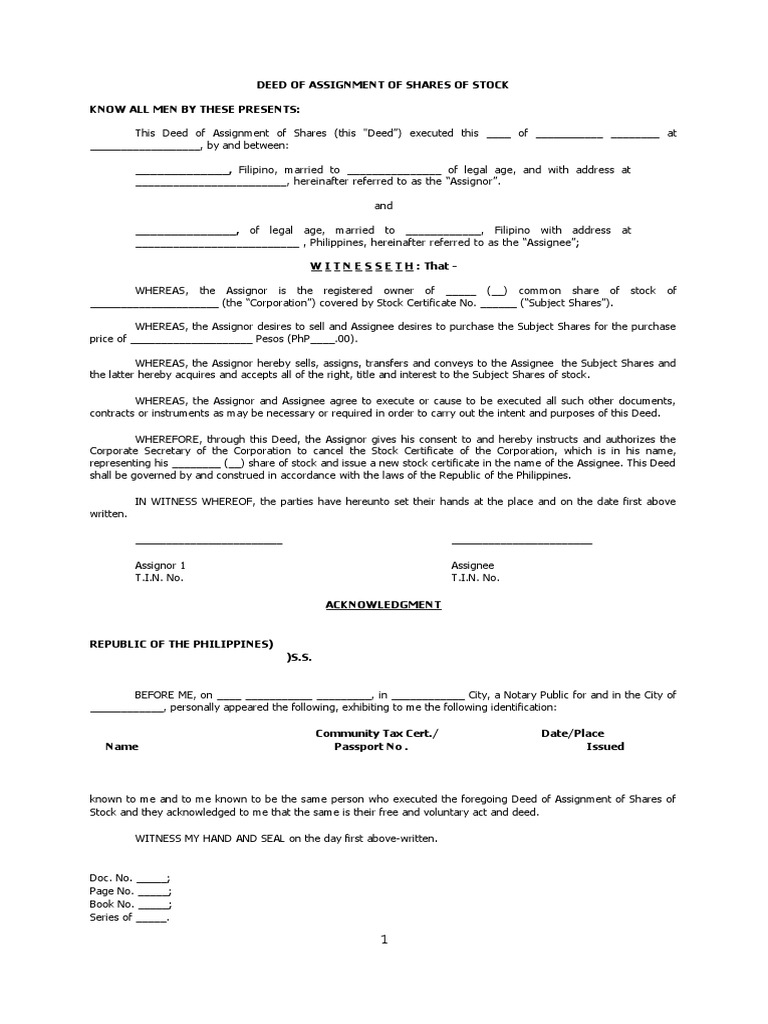 Deed of Assignment SAMPLE | PDF | Assignment (Law) | Deed