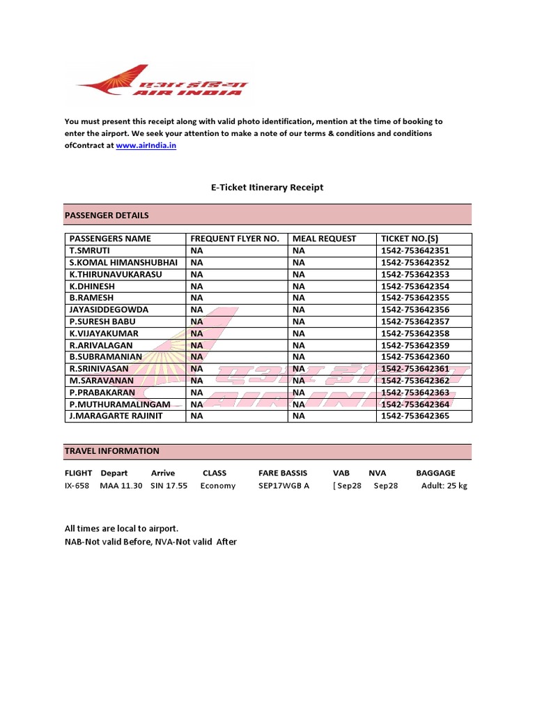 ETicket Itinerary Receipt Www.Airindia.In