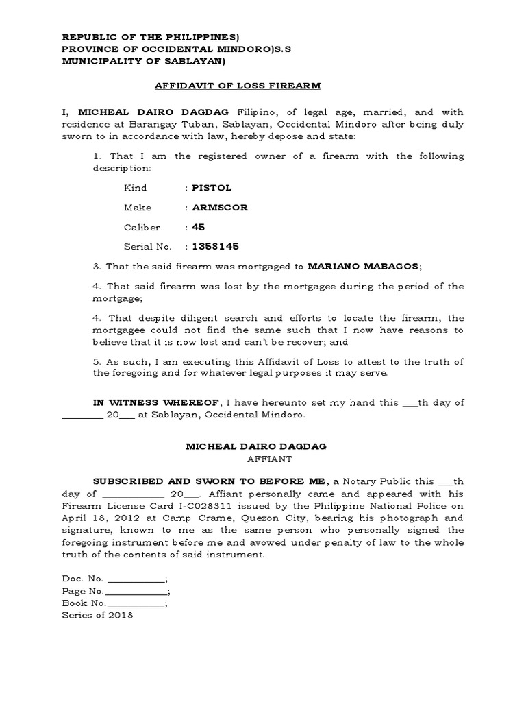 Affidavit of Loss Firearm | PDF