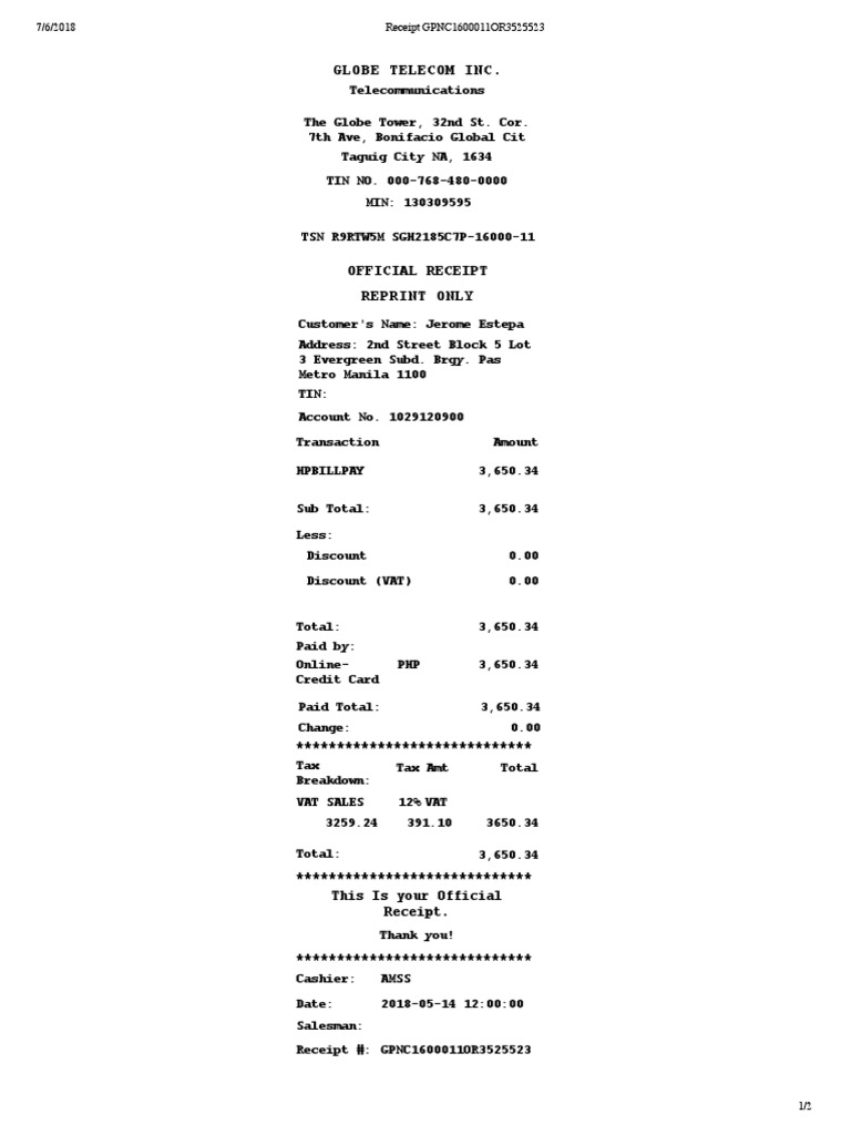 Globe Telecom Official Receipt 2018 | PDF