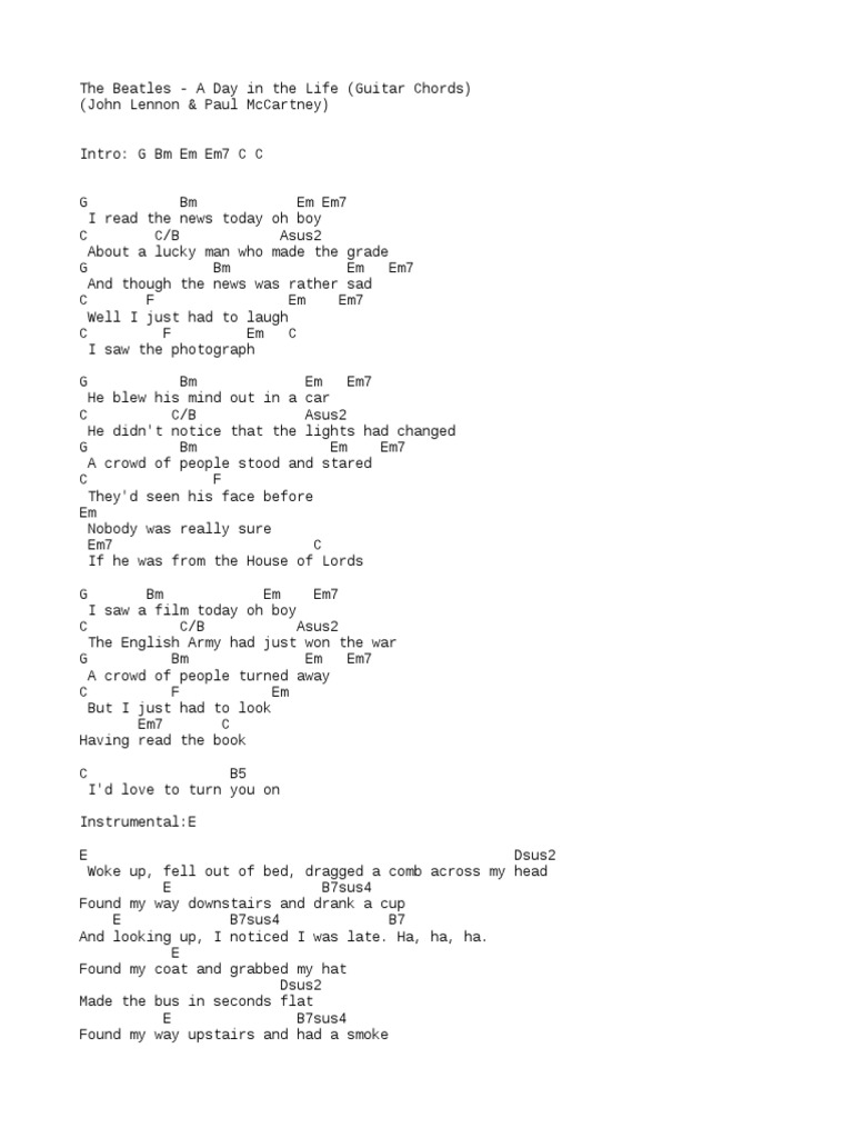 Chords The Beatles A Day In The Life Pop Songs British Rock Songs