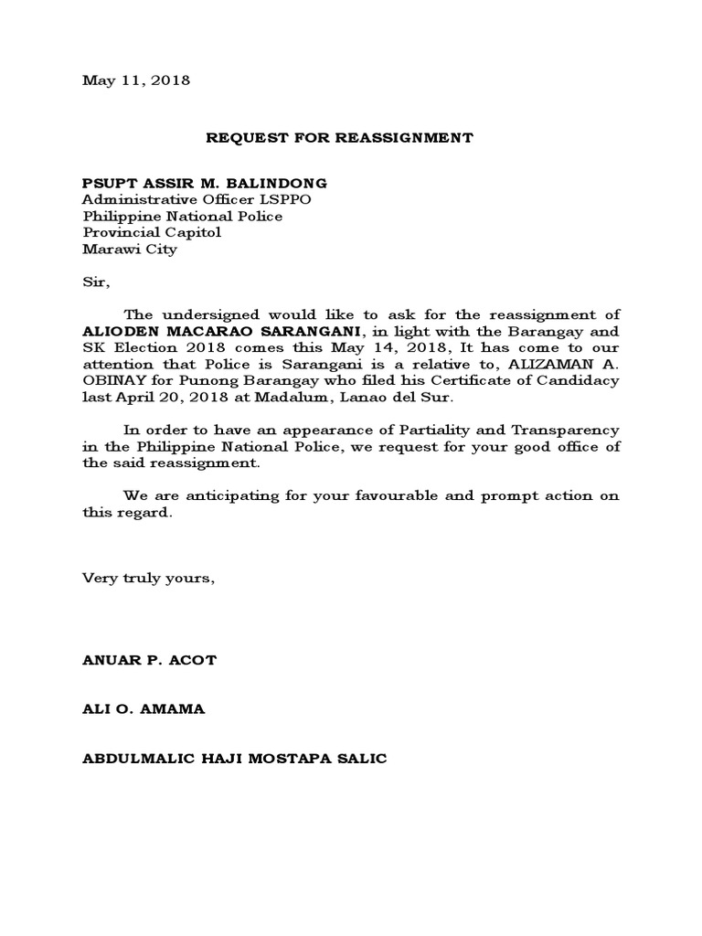 humanitarian reassignment sample letter