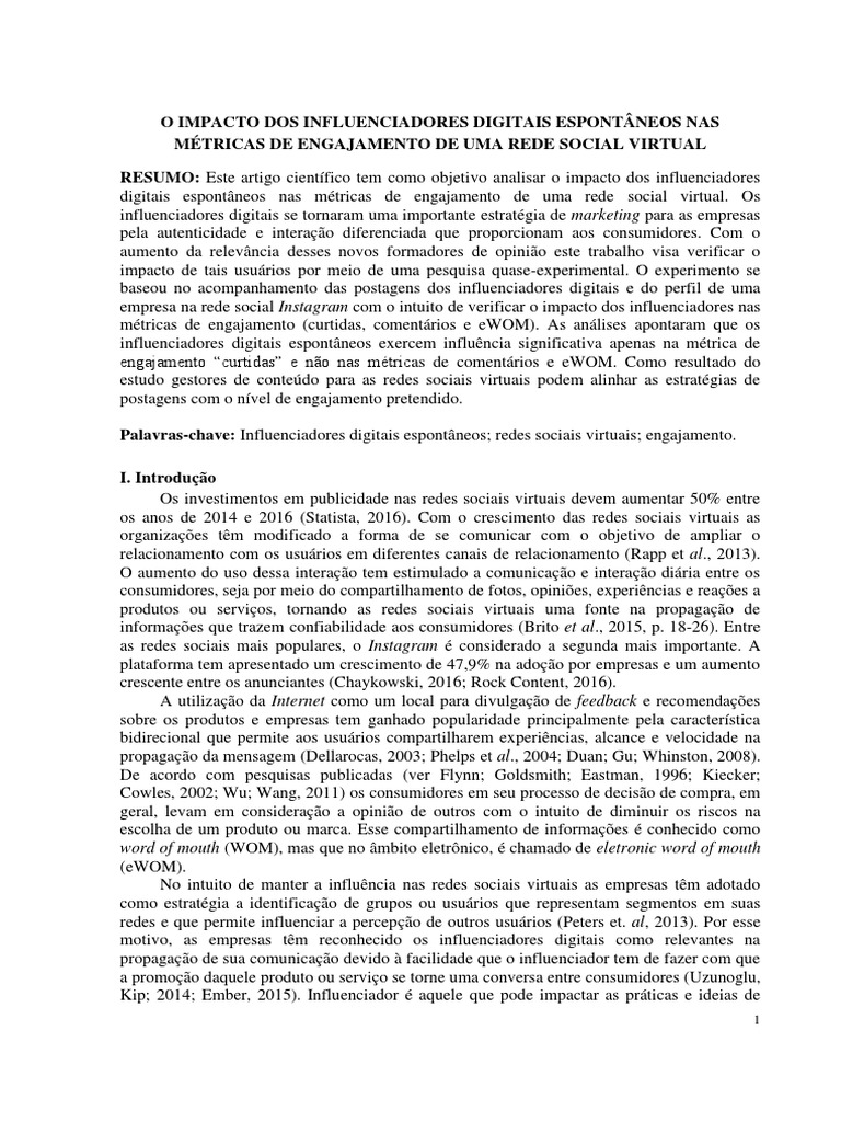 O IMPACTO DOS INFLUENCIADORES DIGITAIS ESPONTÂNEOS NAS MÉTRICAS DE