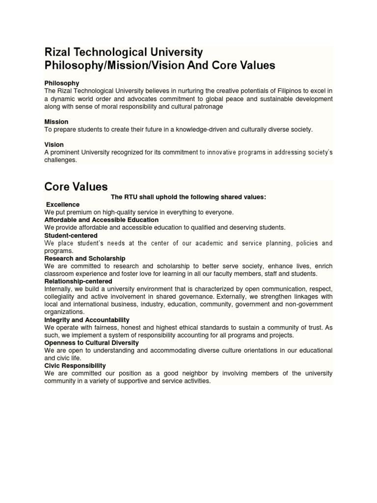 RTU Philosophy, Mission, Vision & Values | PDF | University | Cultural ...