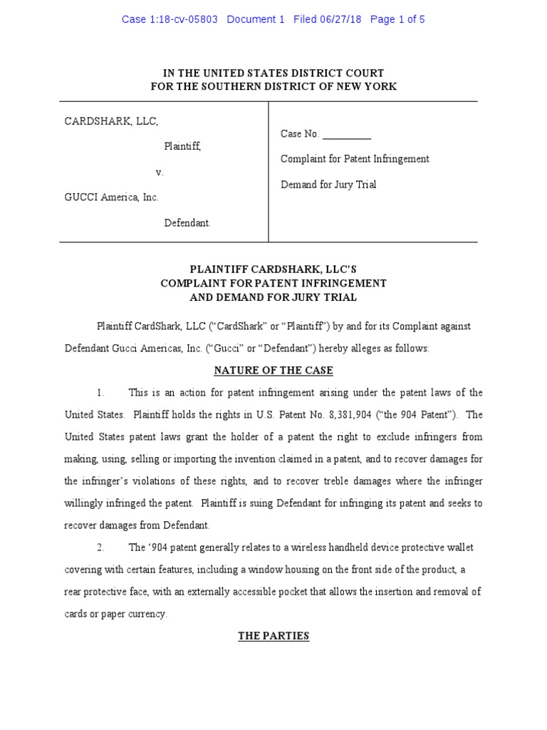 Cardshark v. Gucci America Complaint PDF Patent Infringement