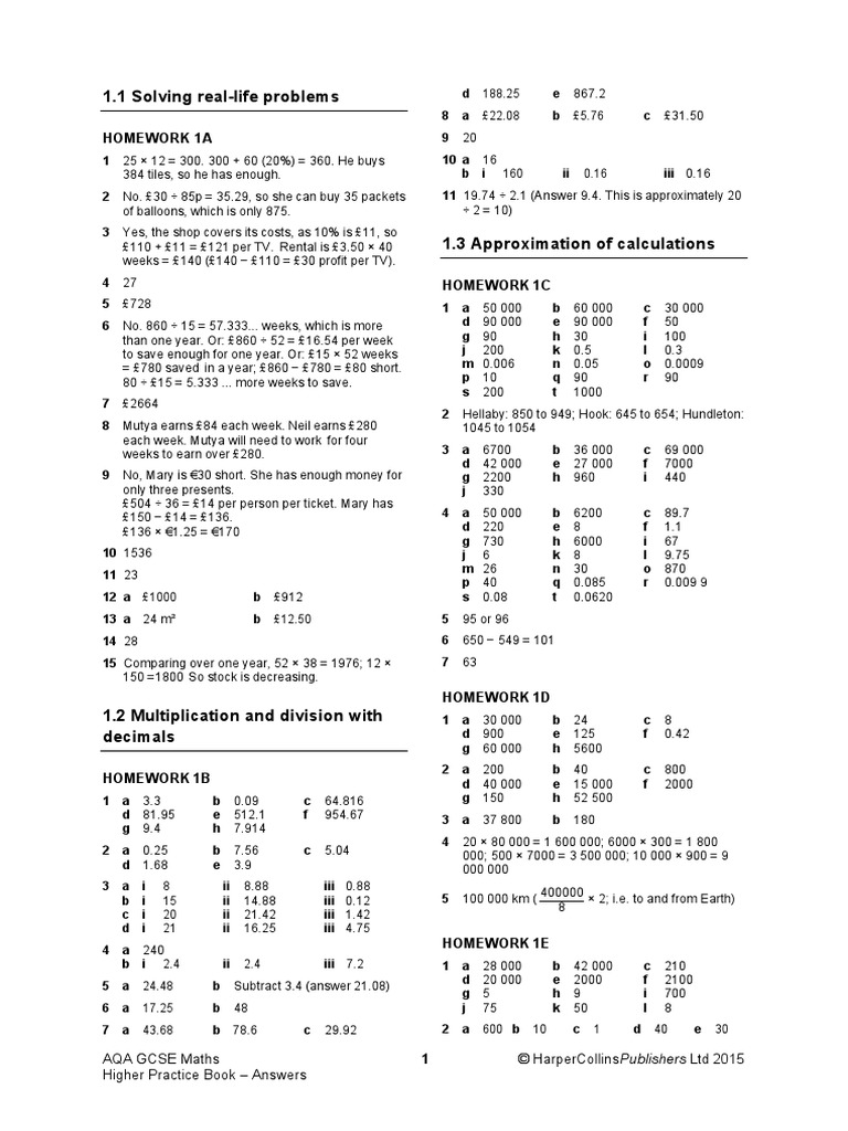 AQA GCSE Maths Higher Practice Book Answers (Newer) Mode