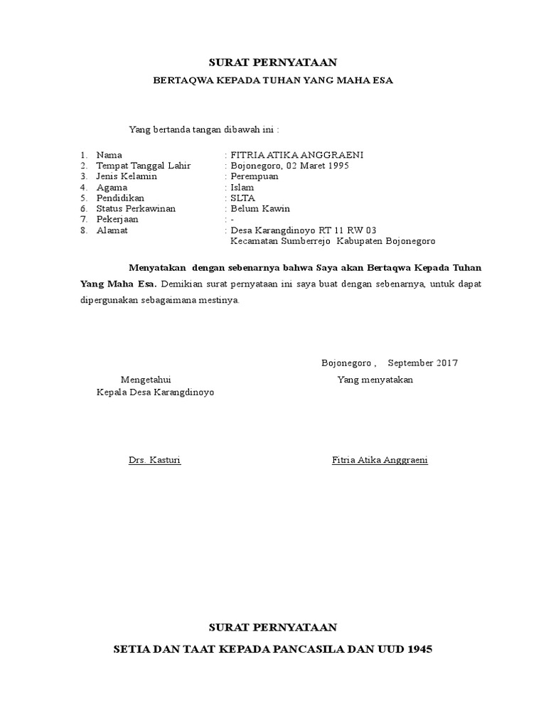 Surat Pernyataan Memegang Teguh Dan Mengamalkan Pancasila ...