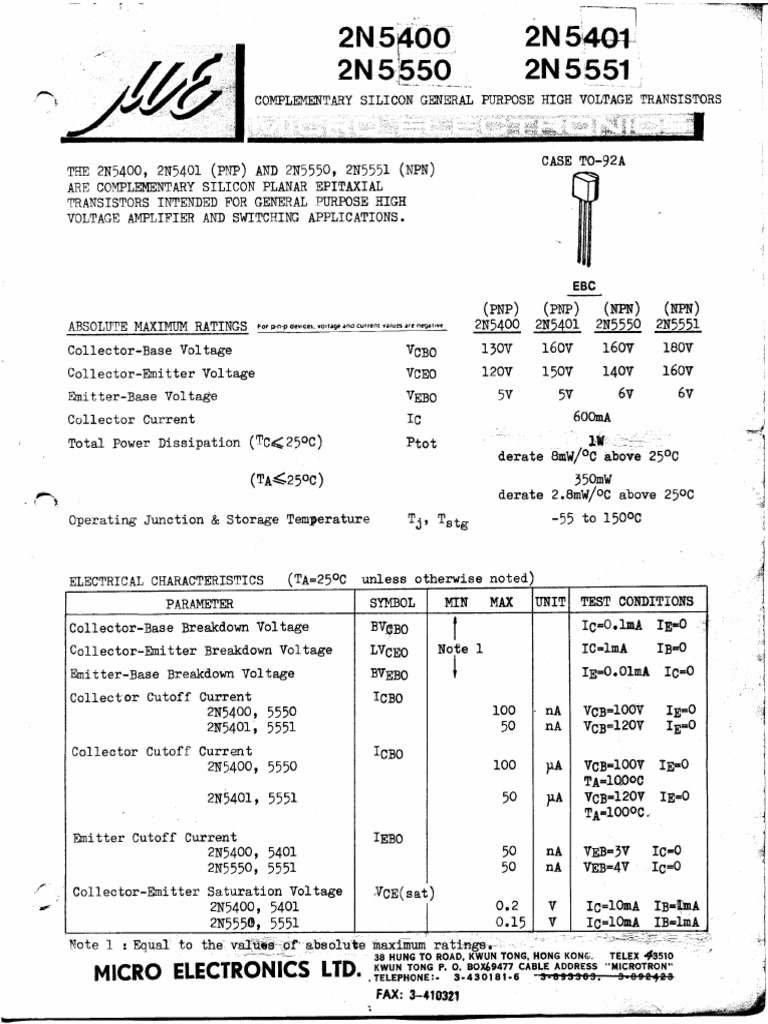 2N5551 and 2N5401 Datasheet Overview | PDF