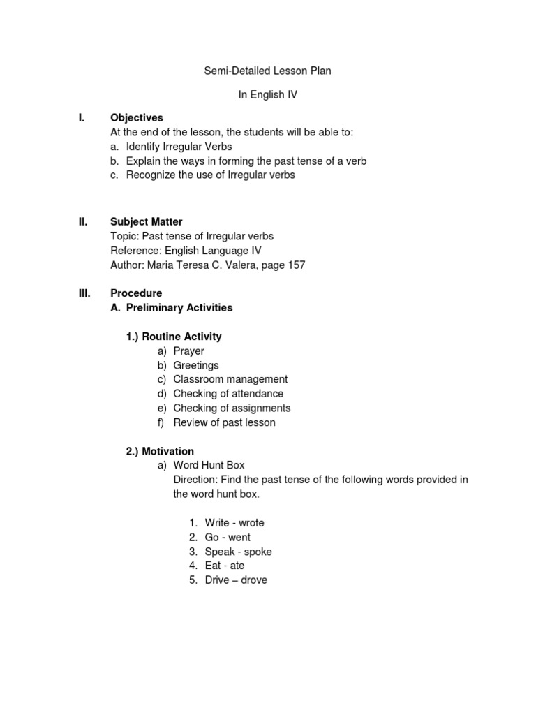 Irregular Verbs Lesson Plan for Grade 4 | PDF
