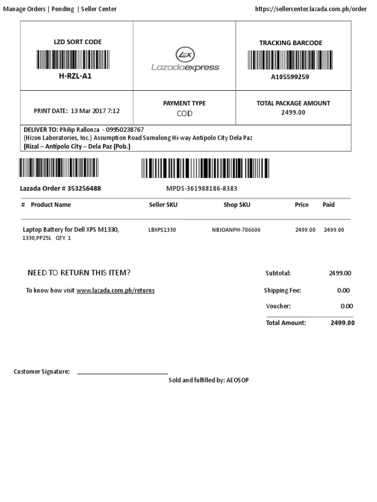 Lazada Delivery Receipt Sample | PDF