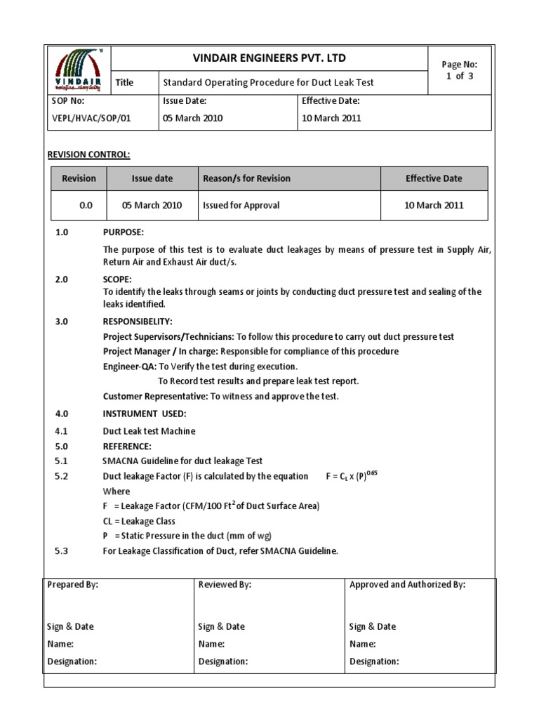 VINDAIR SOP.01 Duct Pressure Test Duct (Flow) Leak Free 30day
