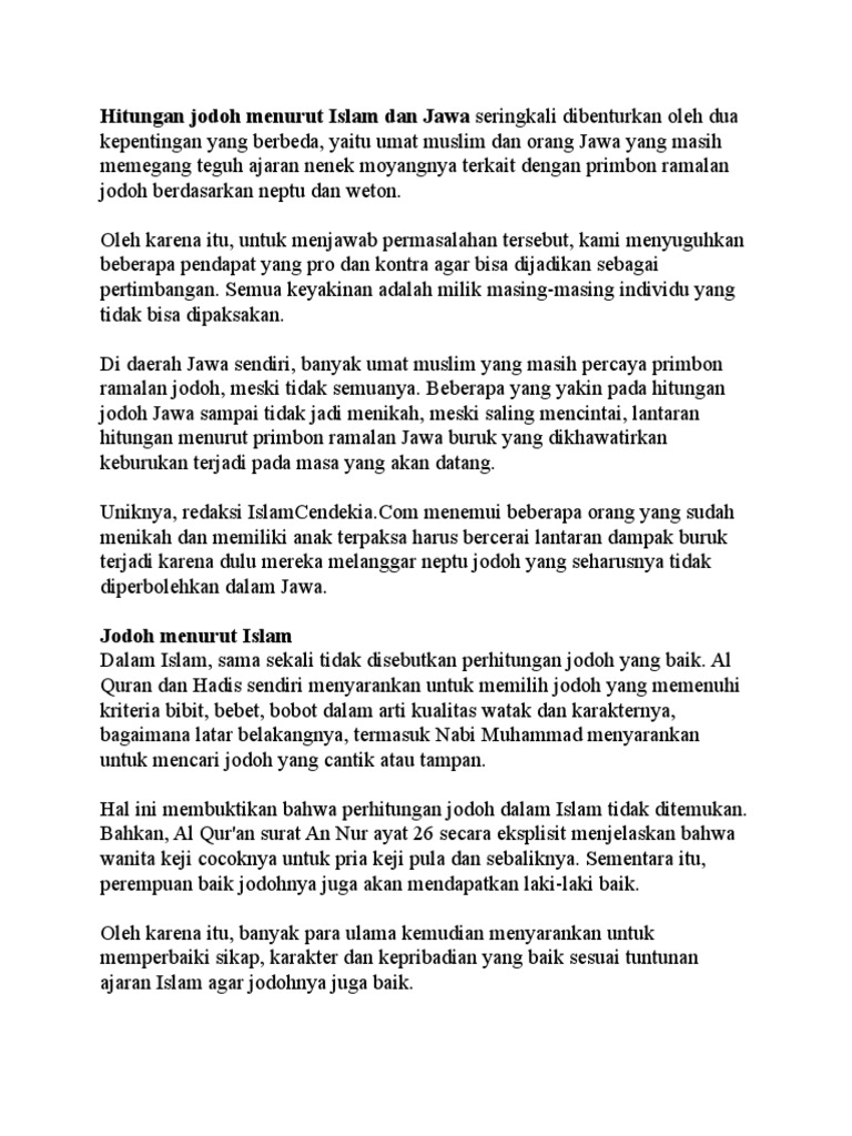 Hitungan Jodoh Menurut Islam Dan Jawaseringkali Dibenturkan Oleh Dua Kepentingan Yang Berbeda