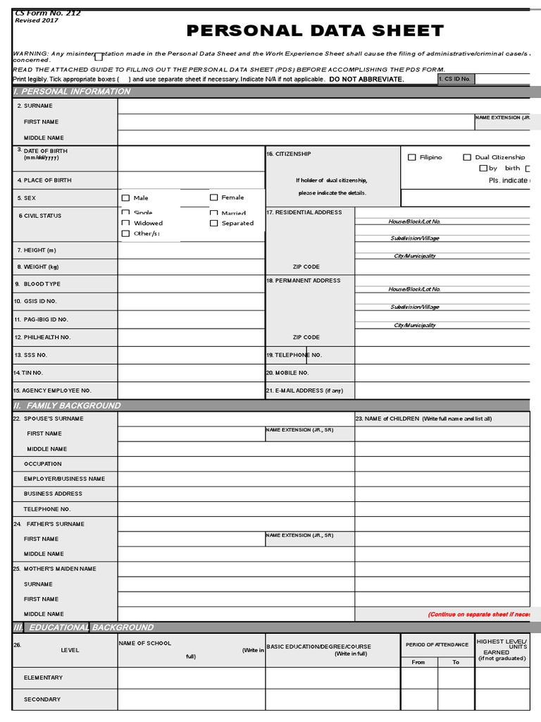 Cs Form No. 212 Revised 2017 Editable Form Free Pdf