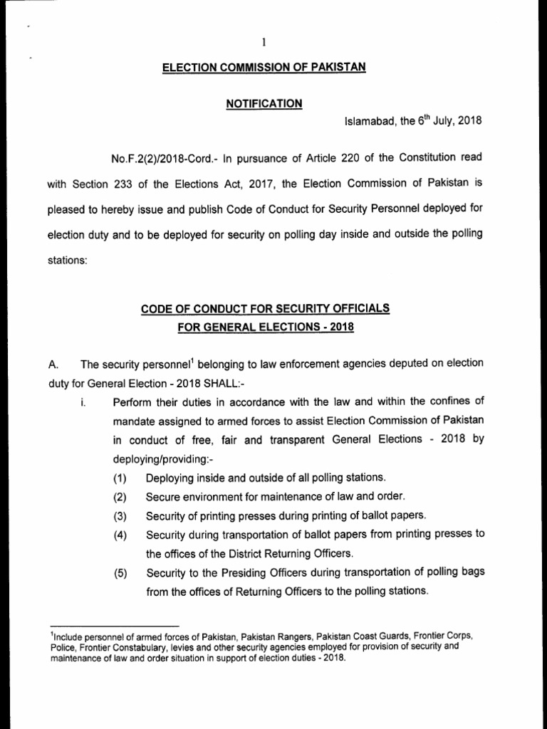 Ecp S Code Of Conduct For Security Personnel Deployed For Poll Duties