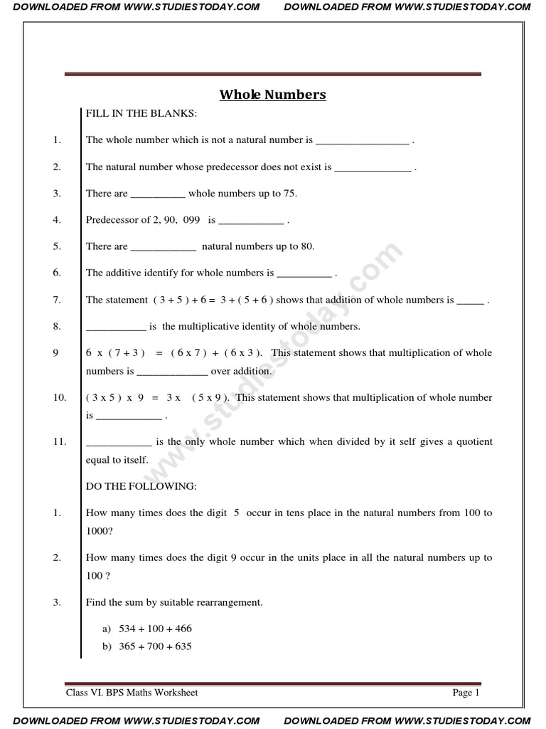 Whole Numbers: Class VI. BPS Maths Worksheet | PDF | Division ...