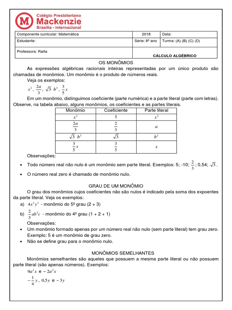 Quiz - Cálculo algébrico - 8º ano