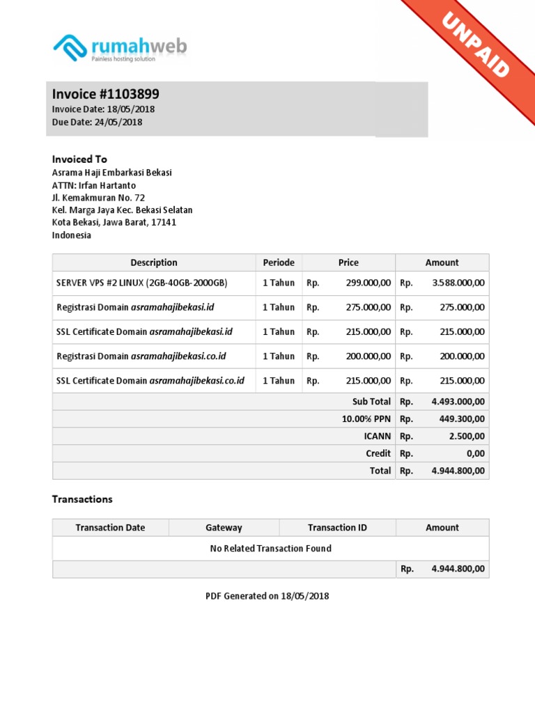 Invoice for Asrama Haji Services | PDF