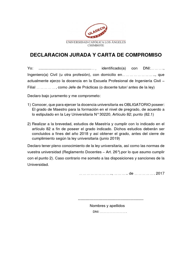 Carta de Declaración Jurada y Compromiso | PDF