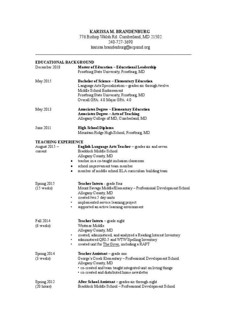 776 Walsh Rd. Cumberland, MD 21502 2407273690 PDF Teachers Middle Schools