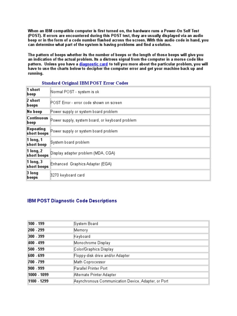 Beep Error Codes | Download Free PDF | Bios | Microcomputers