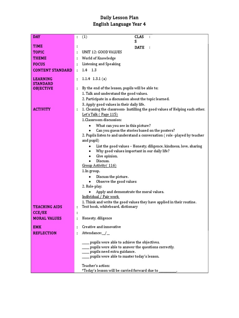 Daily Lesson Plan English Language Year 4 | PDF | Language Arts ...